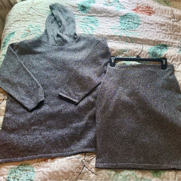 Adrienne Vittadini Petites Matching Metallic Knit Hoodie + Skirt Set - Picture 6 of 14